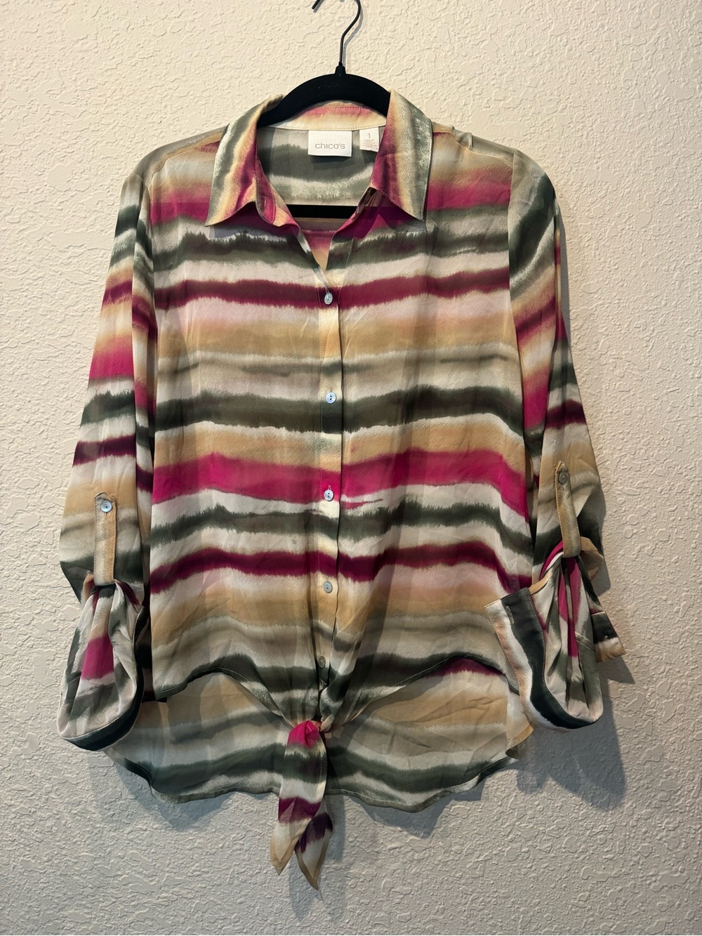 Chico's Striped Tie-Front Blouse in Pink, Olive & Cream